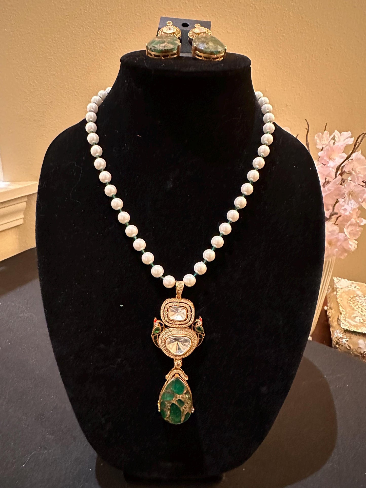 Stone Necklace Set : Mossanite, Polki American Diamonds and pearls
