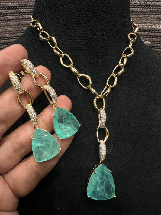 Doublet stone necklace set with American diamonds adjustable gold polished