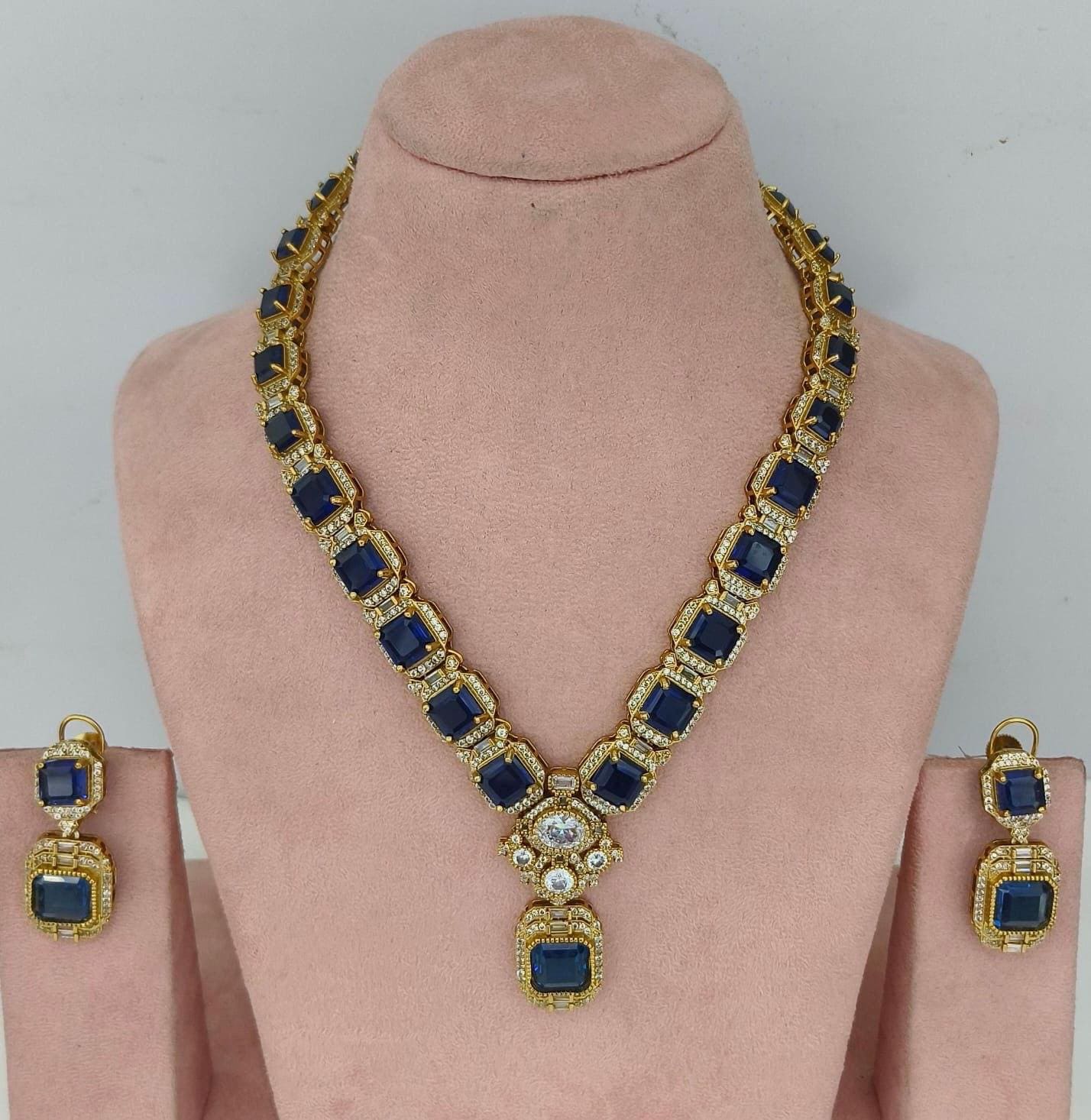 American Diamonds Cubic Zirconia Classic Necklace Set in dark blue color sabyasachi inspired design