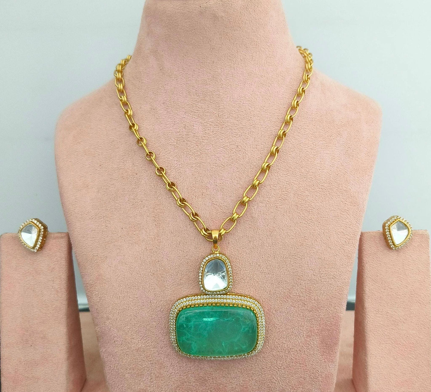 Doublet stone pendant with polki American diamonds and chain adjustable antique gold polished