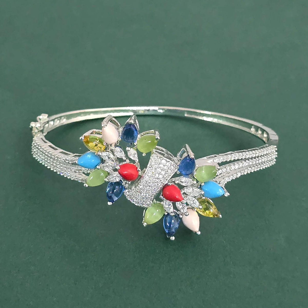American diamonds CZ bracelet multi color, Kada Openable silver polished