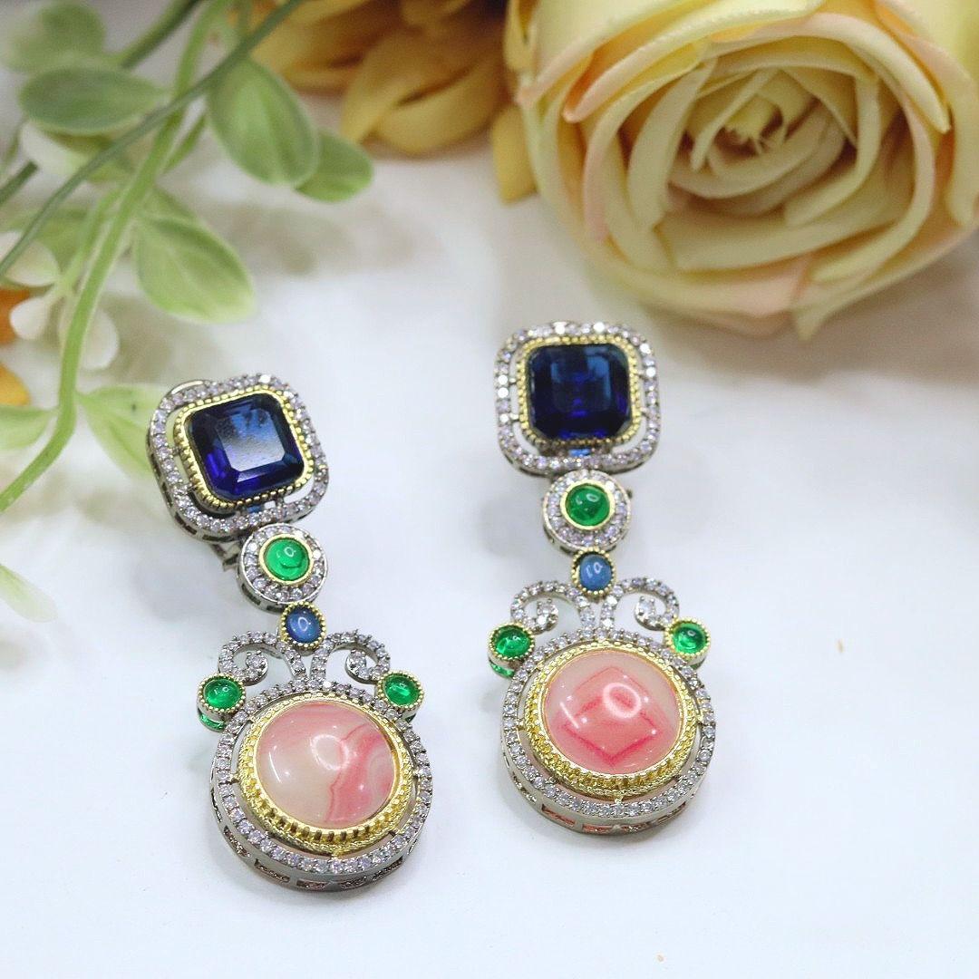 Polki and semiprecious stone earrings with American diamonds Sabya inspired