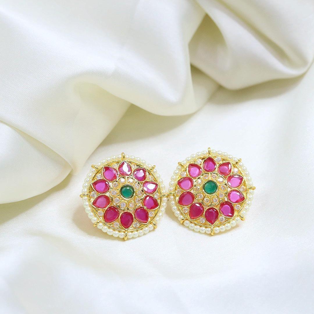 Jadau earrings handmade, with pearls, Antique gold finished stud earrings