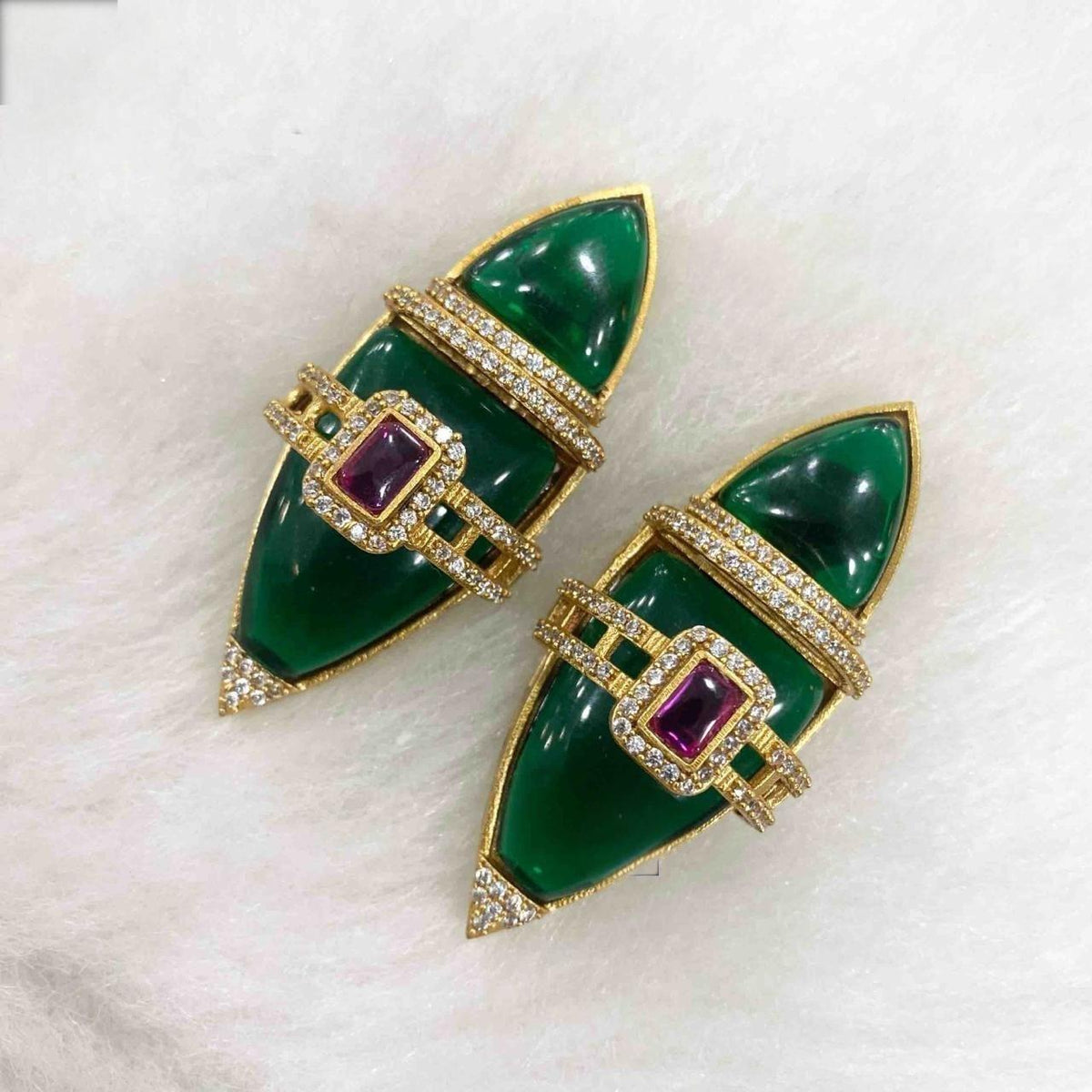 Semiprecious stones boat shaped earrings with american diamonds gold polished