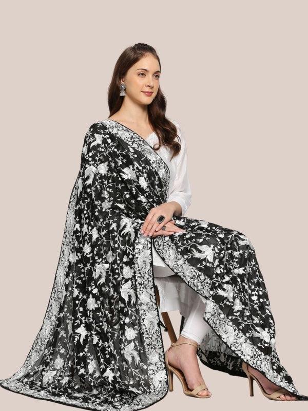 Machine Embroidered Parsi Gara Work Georgette Dupatta White Thread Work Black Stole/Shawl