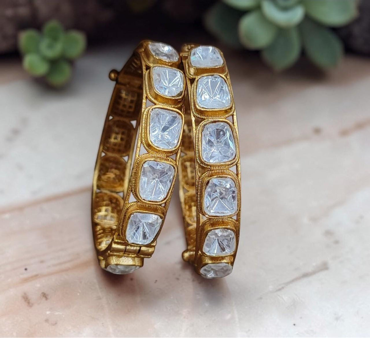 Handmade Antique Gold Real Mossanite 2.2 size Bangle Set, Openable