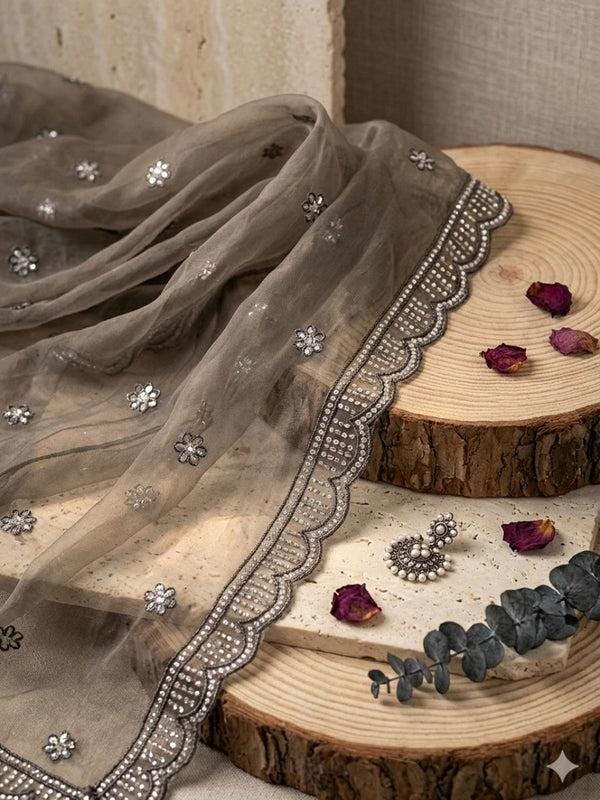 Embroidered Organza Dupatta with Embellished and Scalloped Border