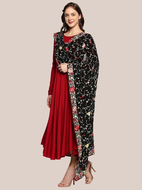 Parsi Gara Thread Work Machine Embroidered Georgette Black & Multicolour Dupatta Stole/Shawl