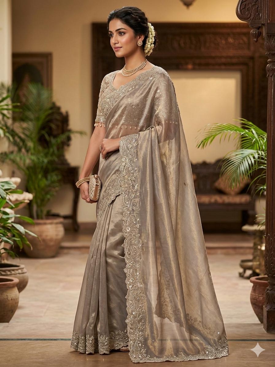Fandy Satin Embroidered Designer Saree with stitched blouse