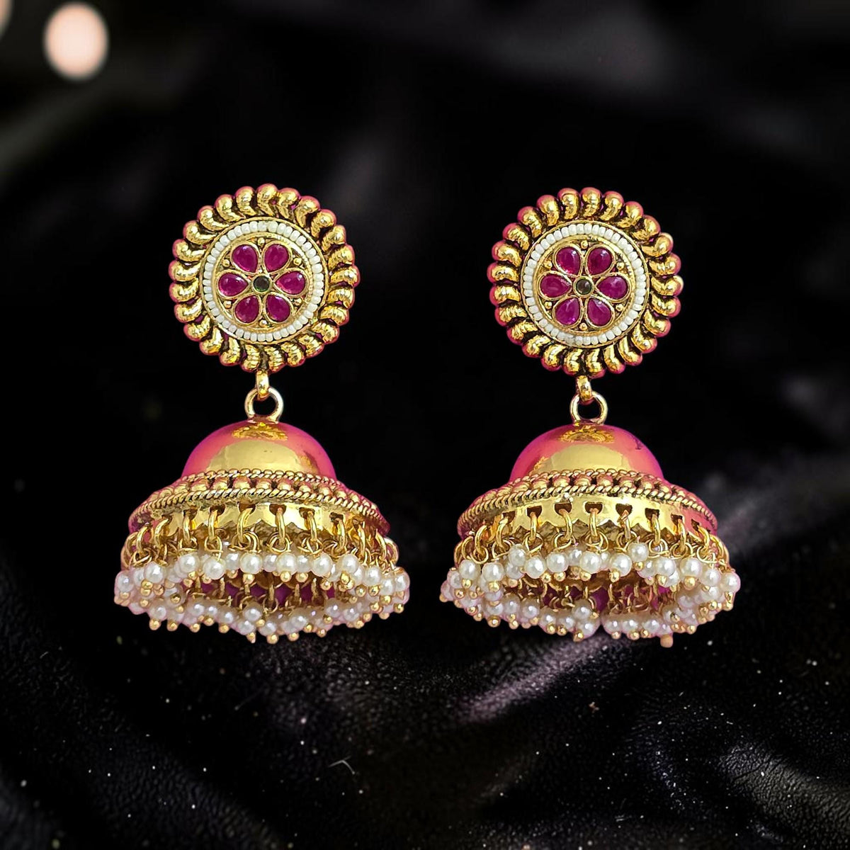 Small golden and pearl jhumkis with gold polished