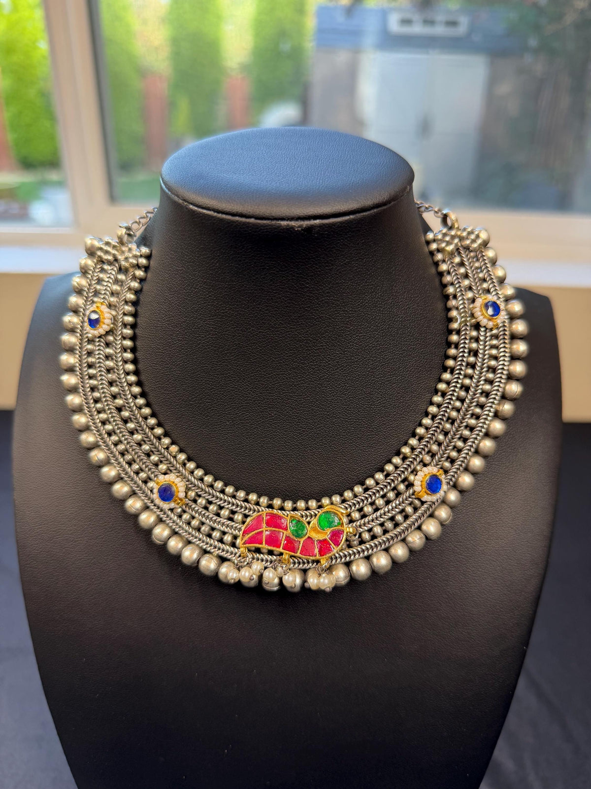 German silver necklace set with jadaus oxidized garba dandiya two tone
