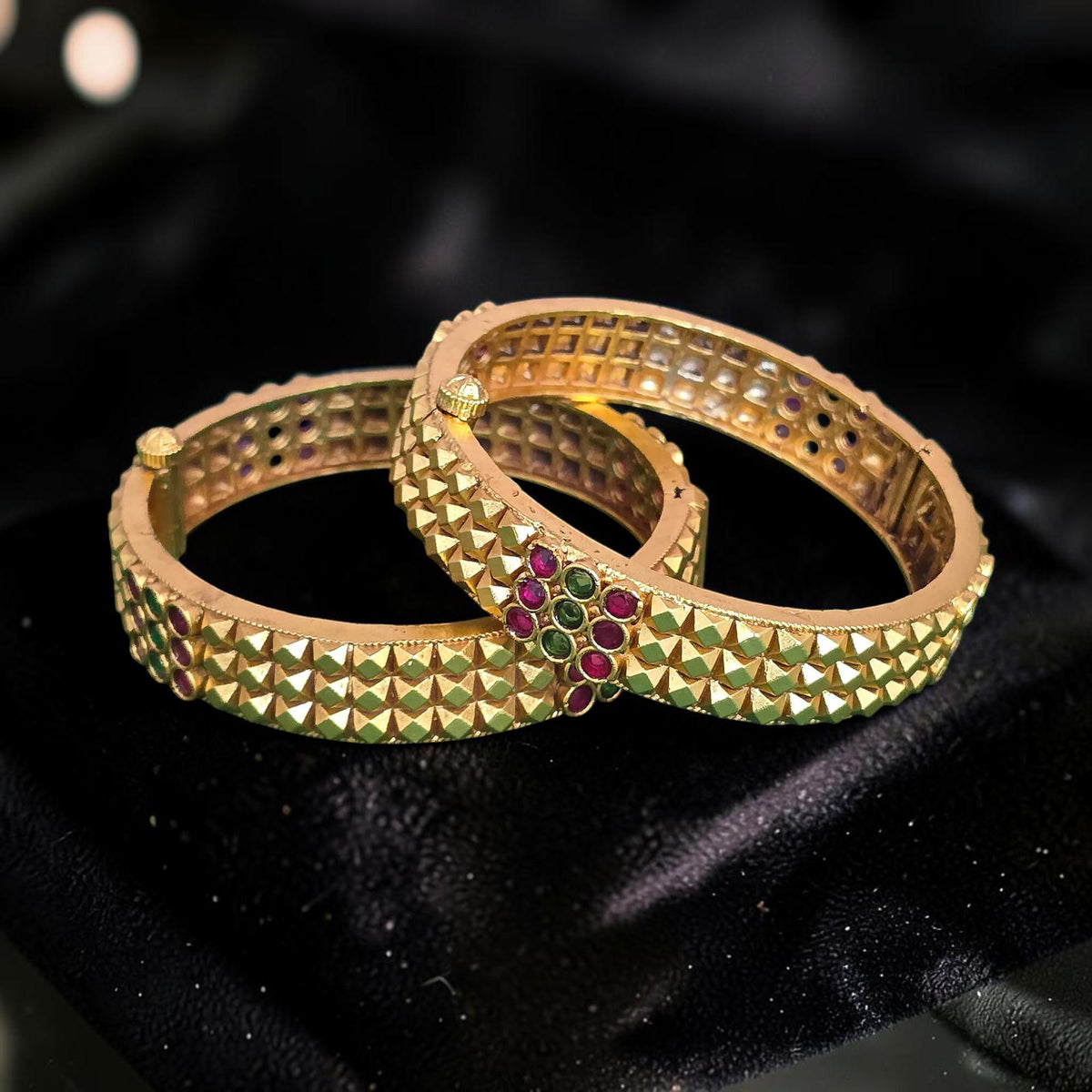 Handmade Antique Gold bangles set of 2 astapailu ruby green stones Maharashtrian openable