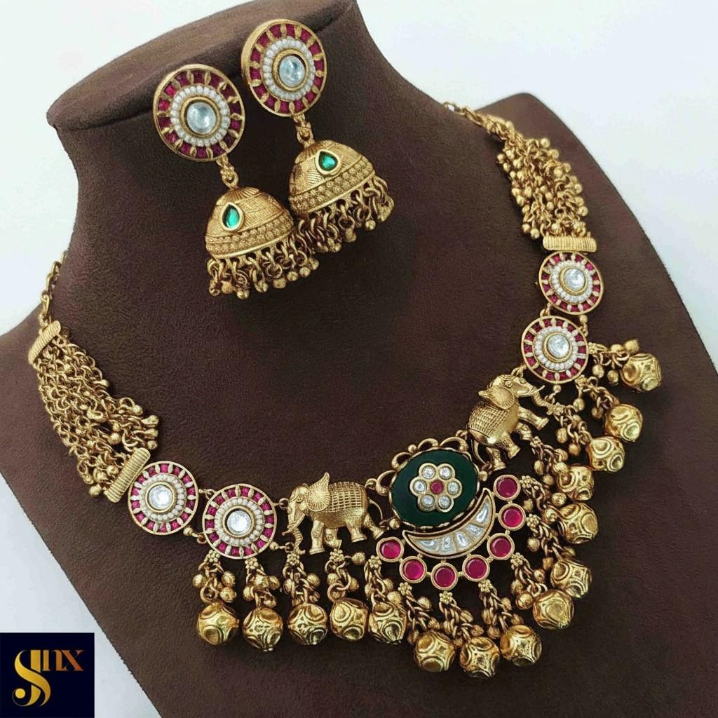 Rajwadi style heritage necklace gold look-alike set with semiprecious stones jadau and polki