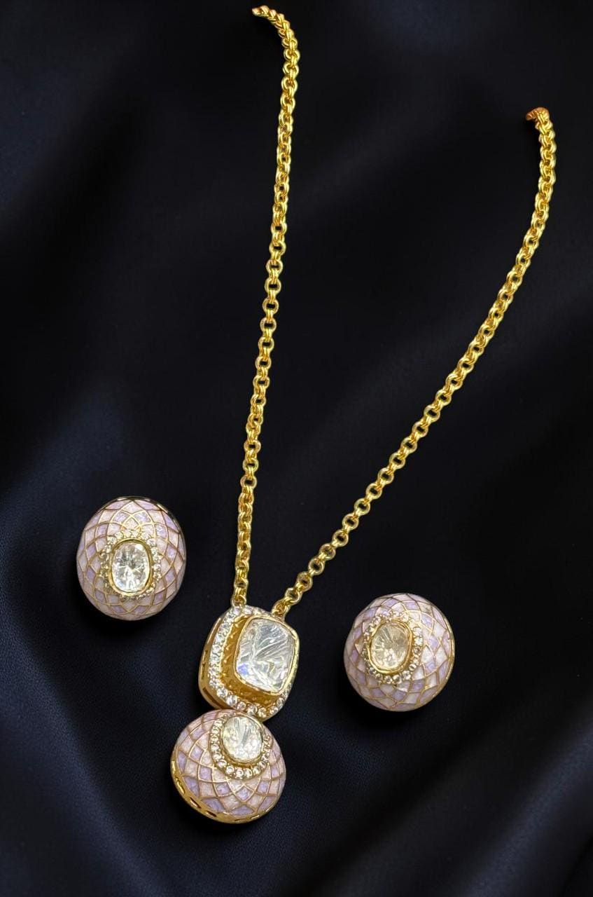 Mossanite, polki, American diamonds chain pendant necklace set with enamel work, adjustable gold polished