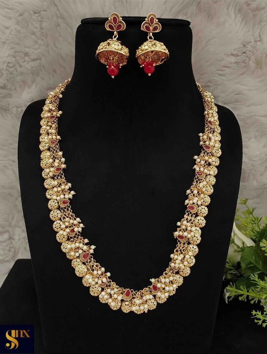 Long necklace gold look-alike set with pearls and stones with jhumka earrings