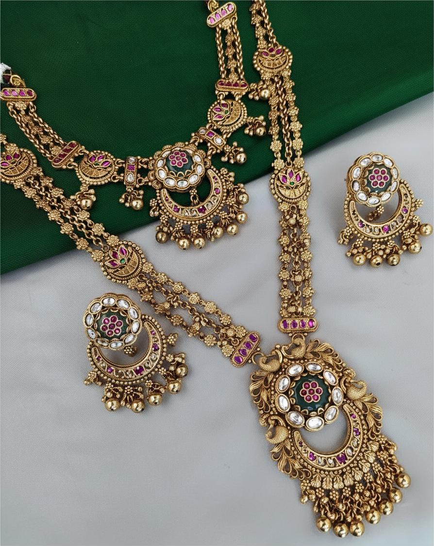 Rajwadi style heritage necklace gold look-alike set with semiprecious stones jadau and polki