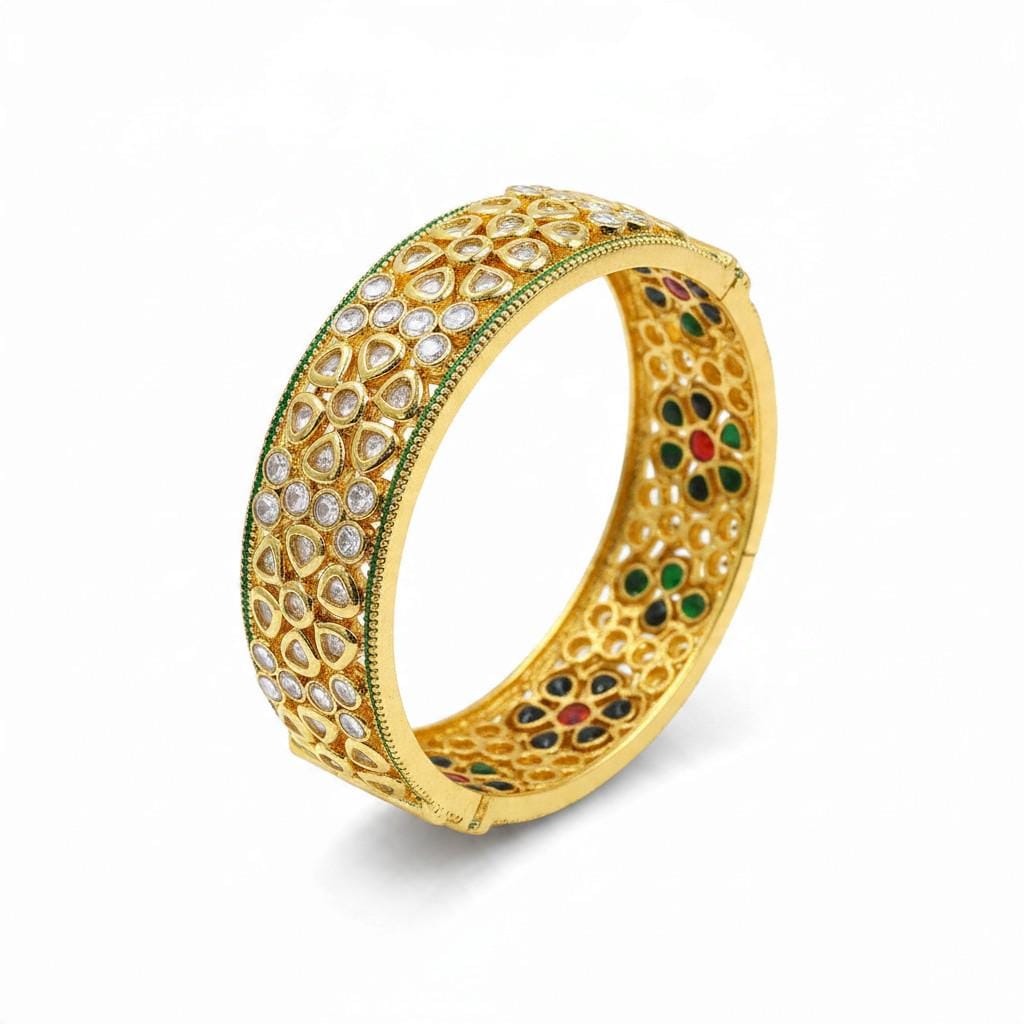 Handmade Antique Gold Polki Bracelet Kada, Openable