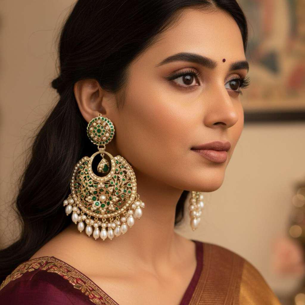 Handcrafted Jadau earrings, premium, with pearls and semiprecious rubies stones, gold-plated