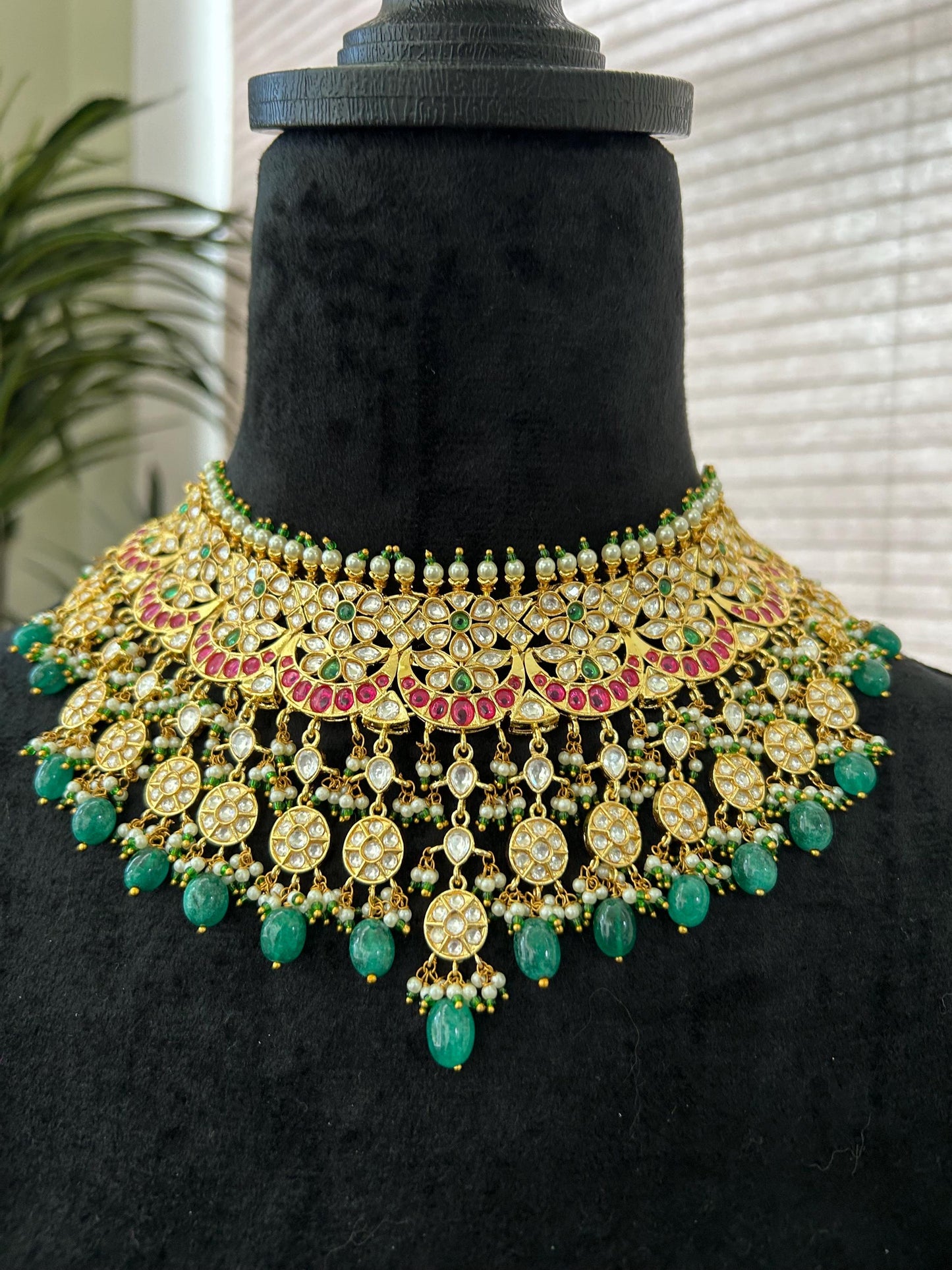 Premium necklace set with polki and American diamonds, adjustable gold polished chand sitare sabyasachi inspired