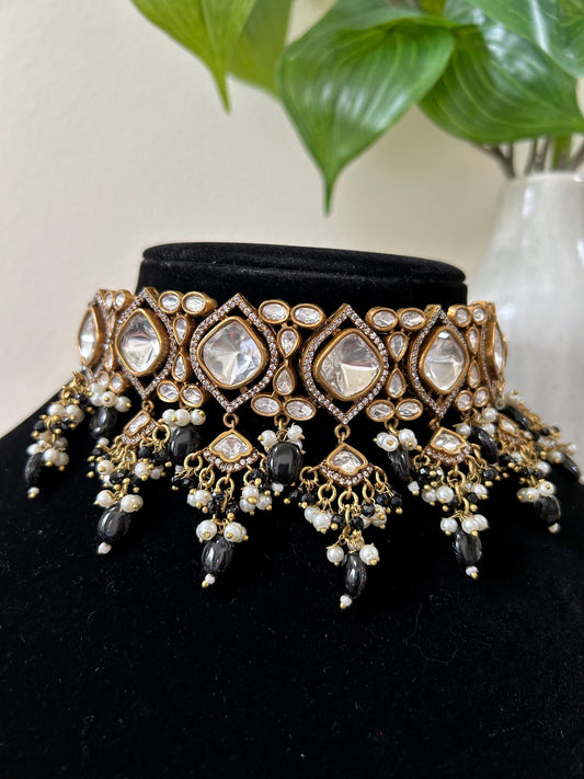 Black beads choker necklace set with Mossanite, adjustable gold polished