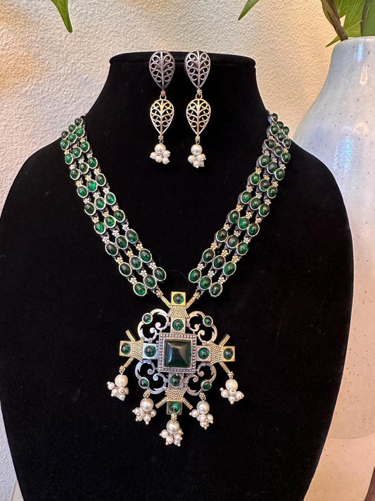 Oxidized necklace set silver gold German silver green blue