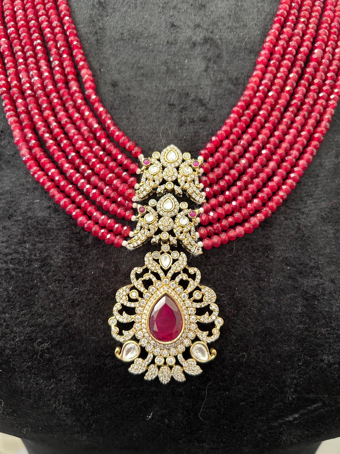 Premium long layered necklace set with Ruby beads and American diamonds, adjustable gold polished