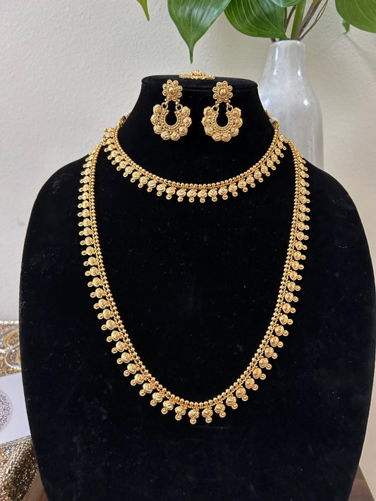 Premium long necklace set combo pack small necklace long necklace earrings and maang tikka, gold lookalike, adjustable gold polished