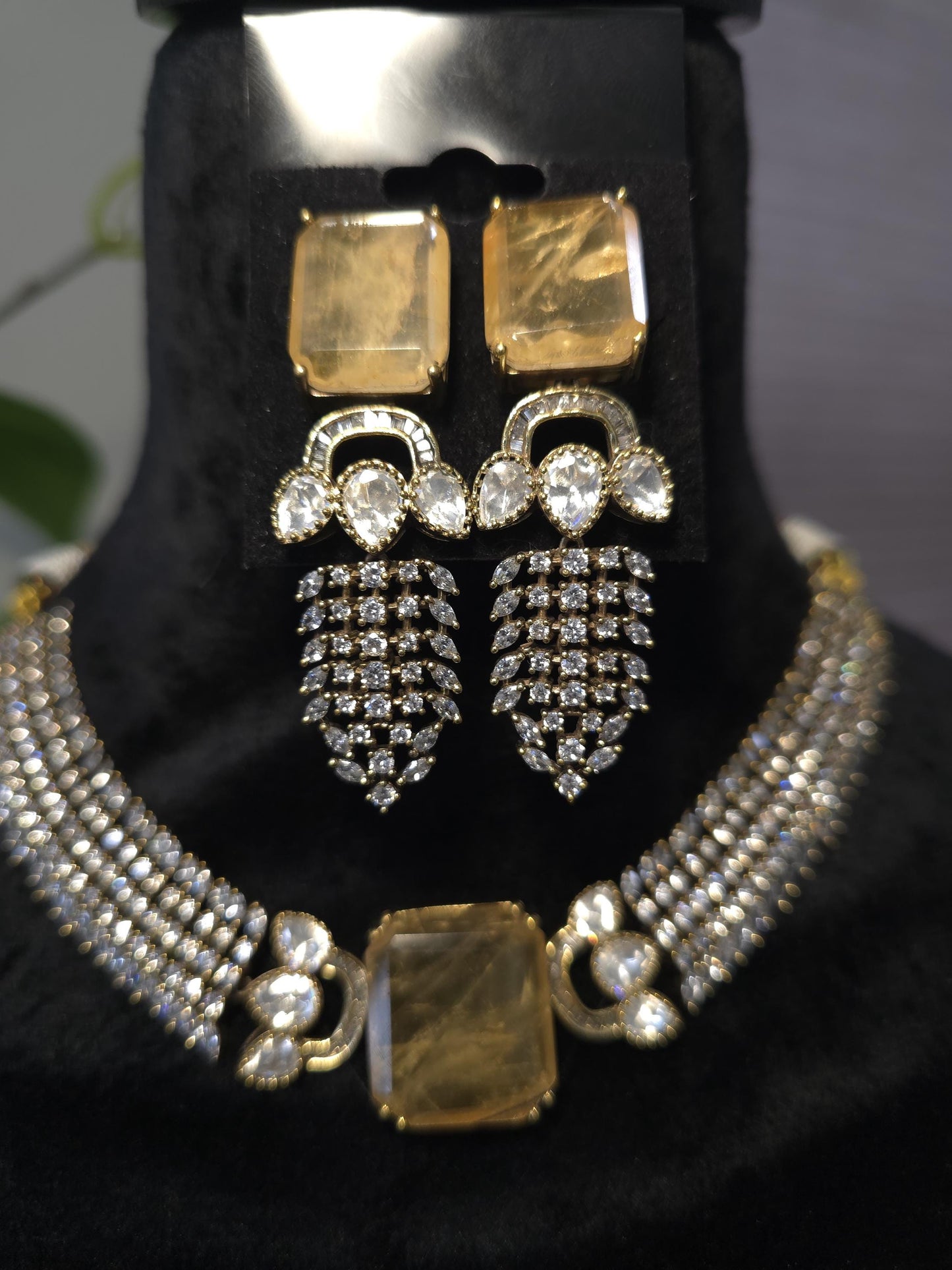 Doublet stone choker necklace set with Mossanite, polki American diamonds adjustable gold polished