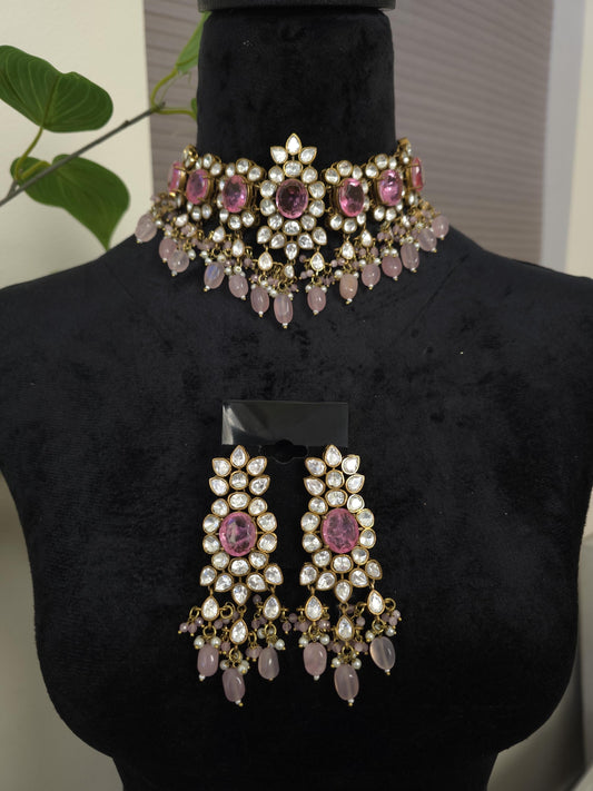 Doublet stone pink necklace set with Mossanite polki adjustable gold polished