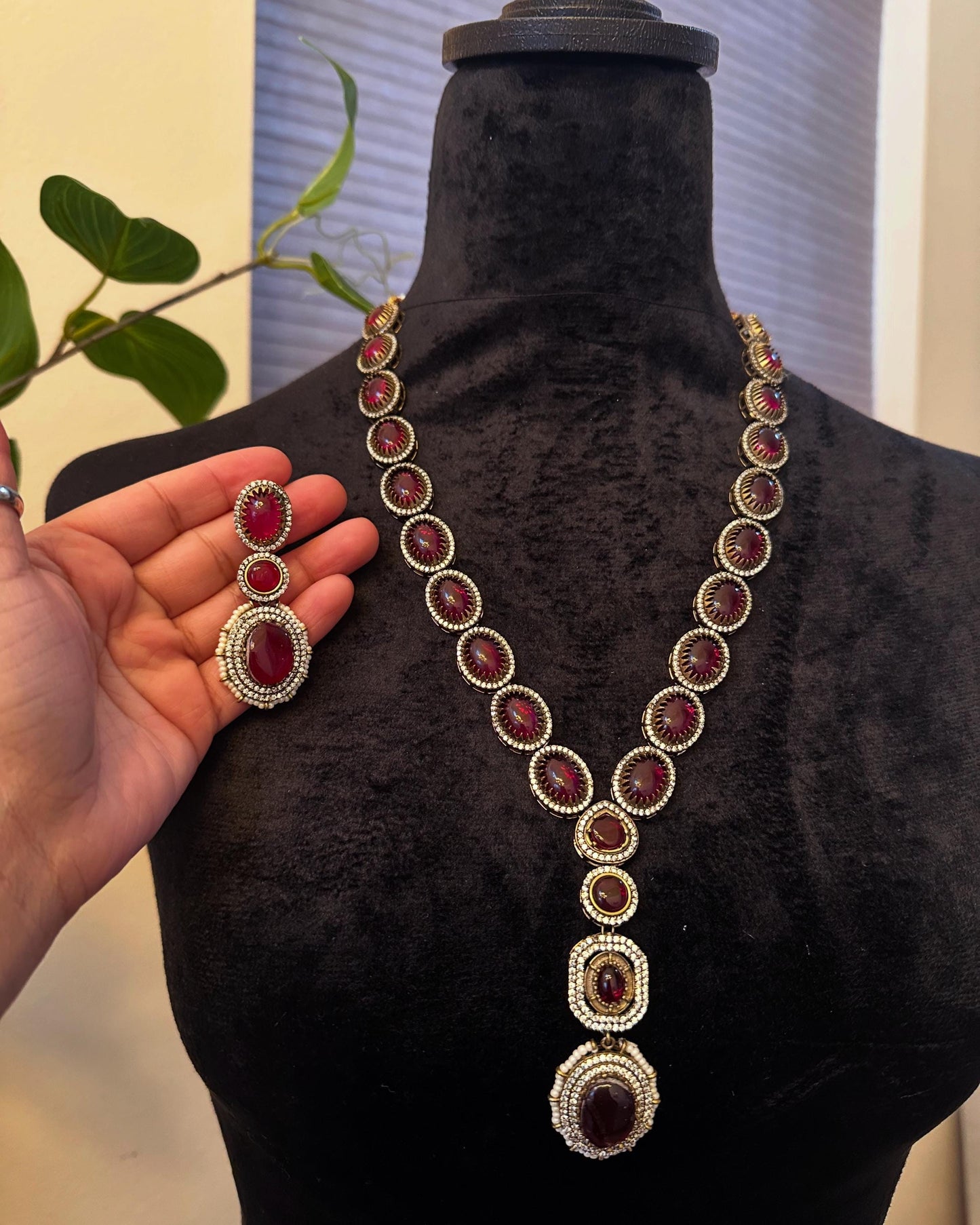 Long necklace set with doublet stones and  American diamonds, adjustable gold polished sabyasachi inspired ruby and emeralds