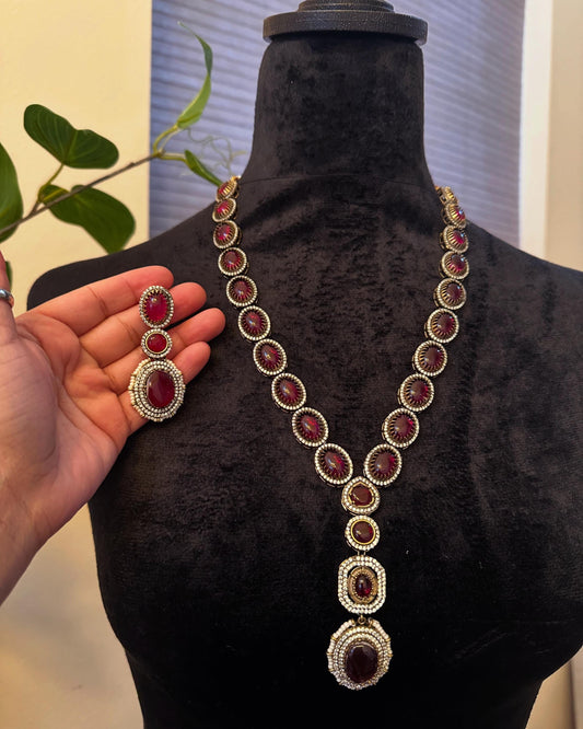 Long necklace set with doublet stones and  American diamonds, adjustable gold polished sabyasachi inspired ruby and emeralds