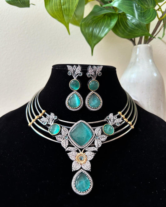 Sabya inspired hasli set modern, fusion jewelry silver oxidized polished necklace set with stones and diamonds