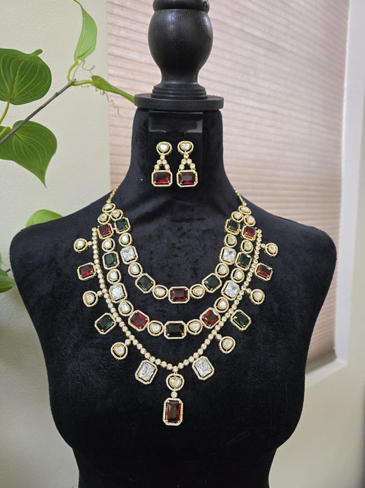 Premium necklace set layered American diamonds, adjustable gold polished Bollywood style