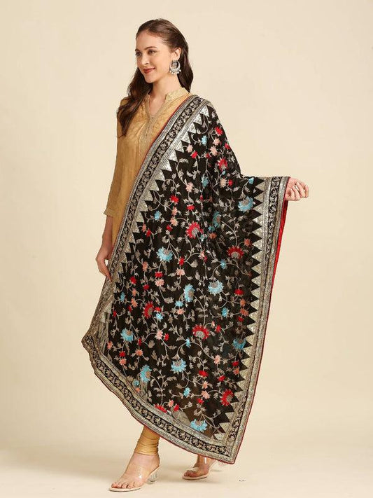 Black & Multicolour Embroidered Georgette Dupatta stole