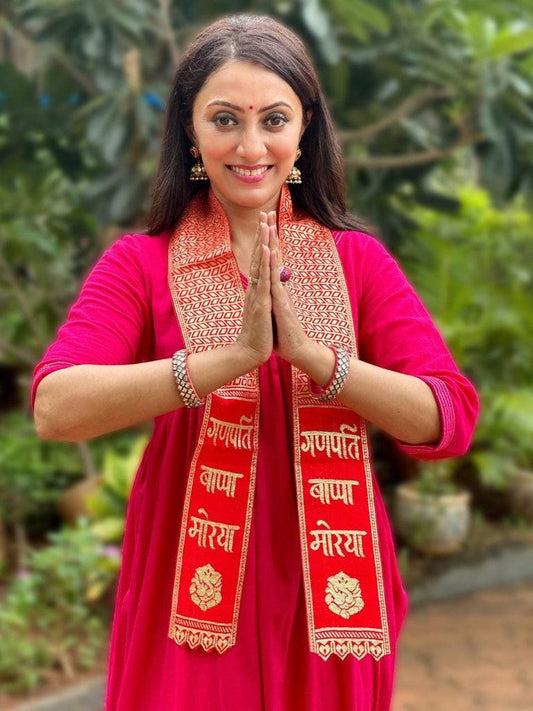 Ganpati Bappa Morya Stole in Red and Gold Unisex