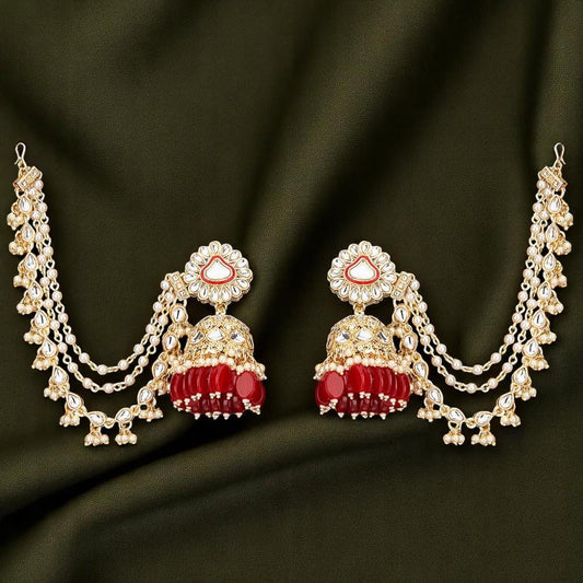 Red Jhumkas with ear chain, kaan chain earrings trendy light weight kundan pearls bahubali style
