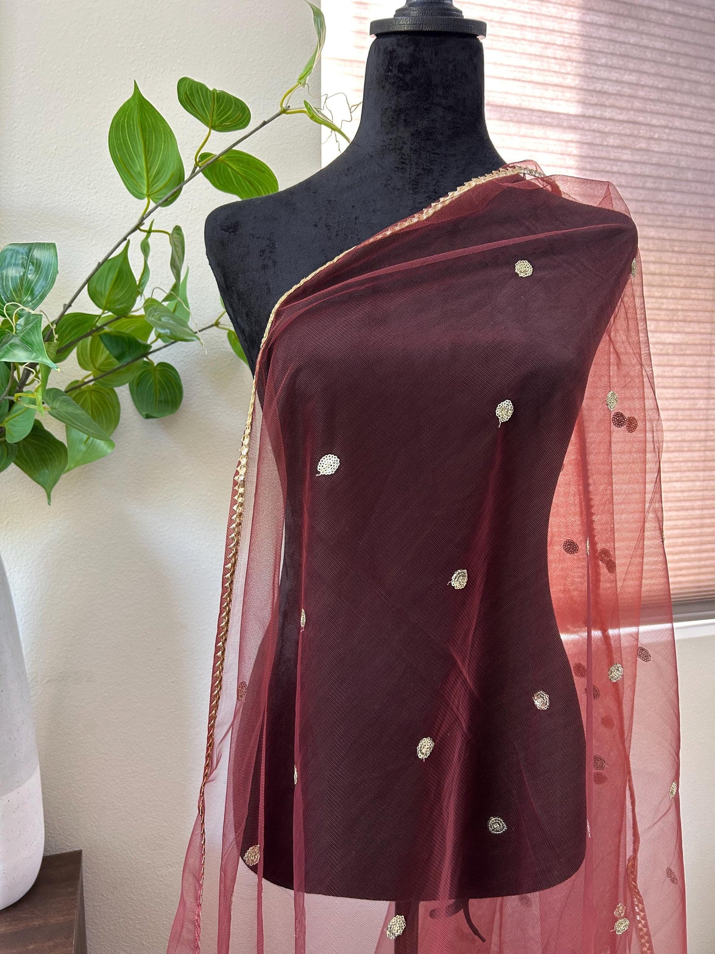 Net fabric Dupatta Stole with Gotta Patti Work delicate edge and sequin buttas work lightweight