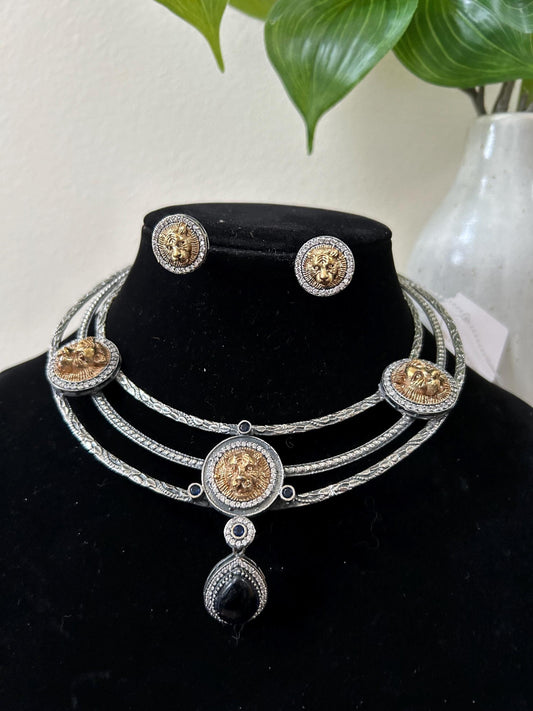 Sabya inspired Oxidized silver and gold polished hasli necklace set trendy