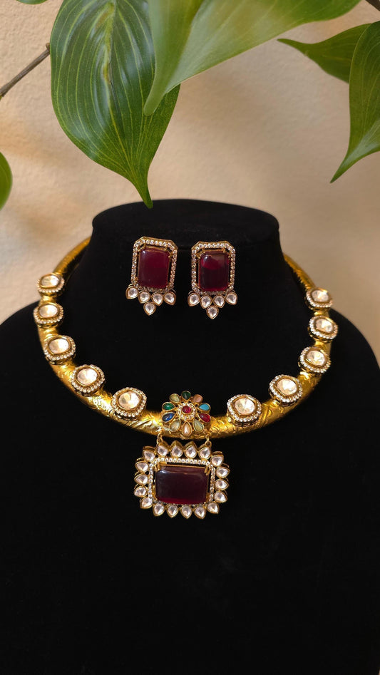 premium quality hasli necklace with doublet stones Mossanite and zirconia diamonds handmade gold blue red