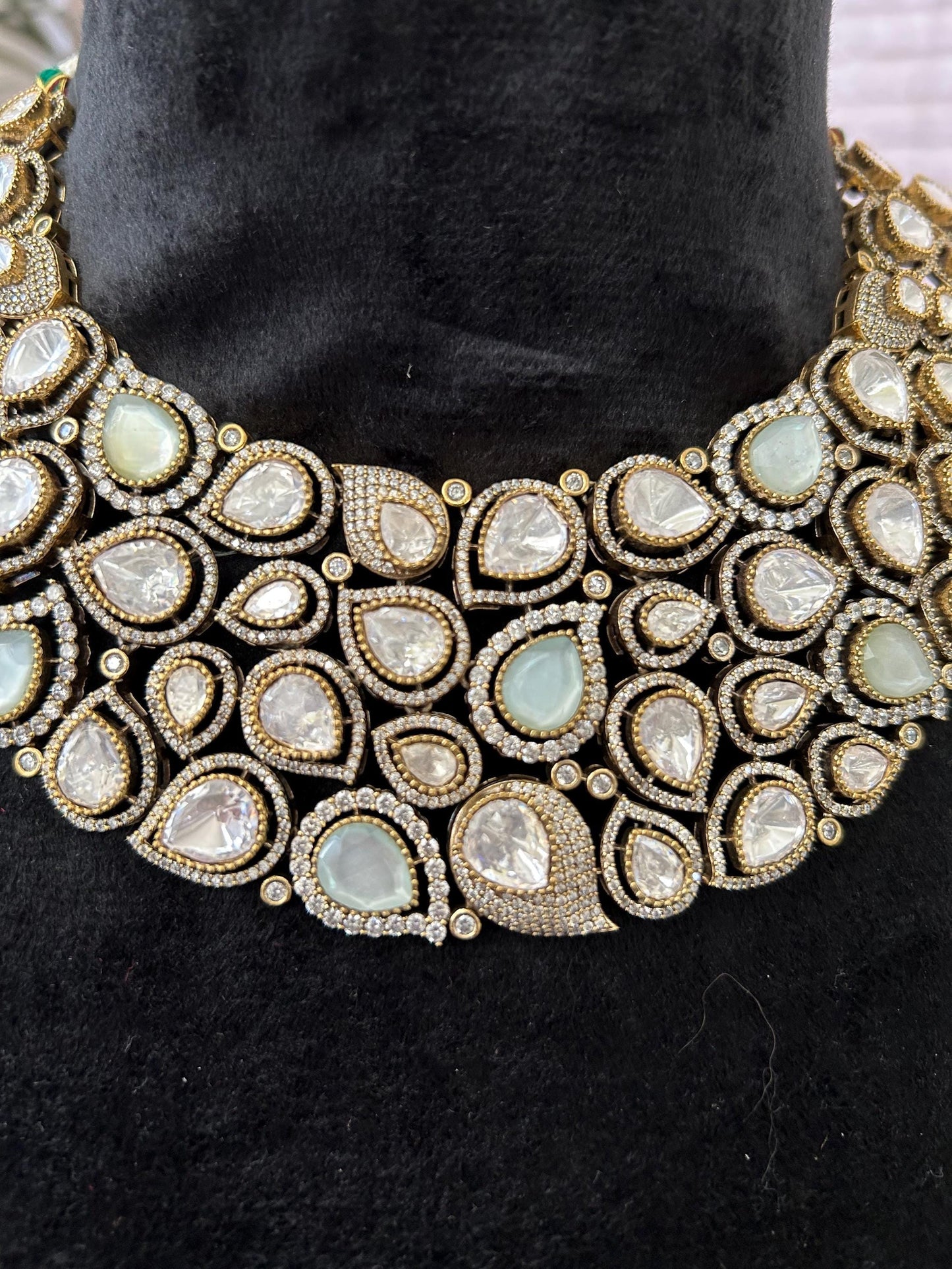 Premium necklace set with polki and American diamonds, adjustable gold polished sabyasachi inspired pastel