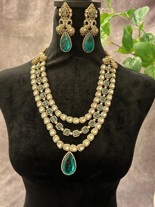 Amrapali inspired design Mint green long layered Necklace set Mossanite, polki American diamonds adjustable gold polished