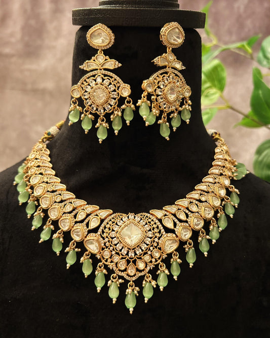 Janhavi Kapoor inspired Mint green Necklace set Mossanite, polki American diamonds adjustable gold polished