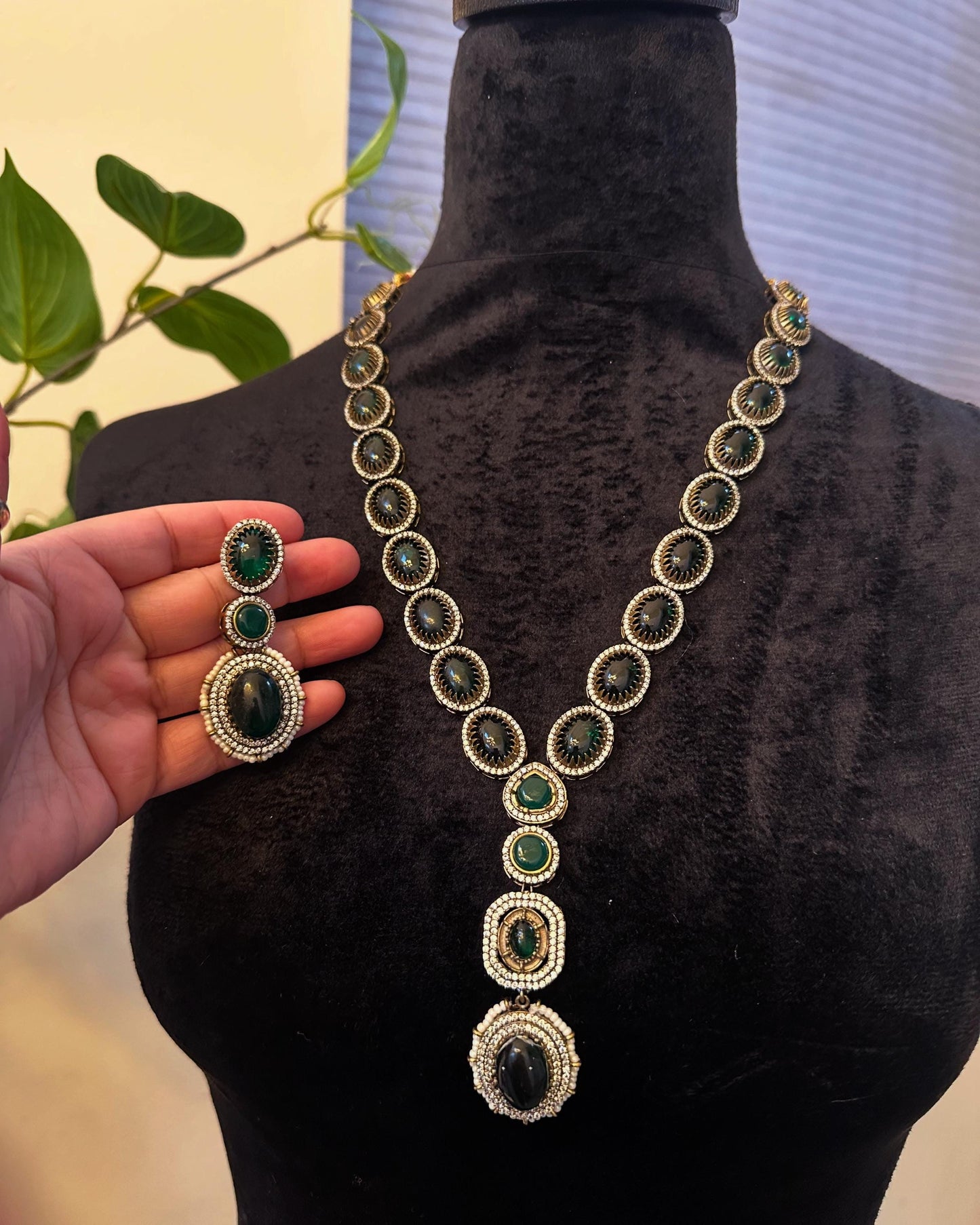 Long necklace set with doublet stones and  American diamonds, adjustable gold polished sabyasachi inspired ruby and emeralds