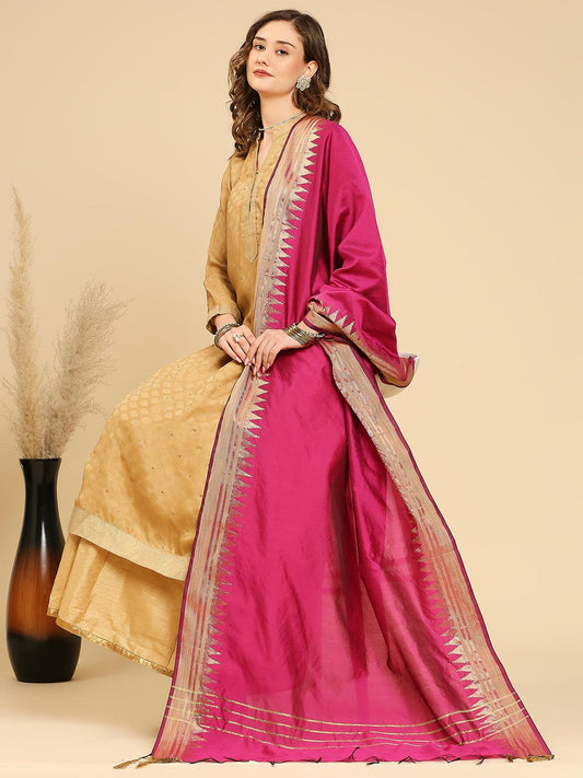 Banarasi Silk Dupatta with Temple Border Wine/Coral color stole