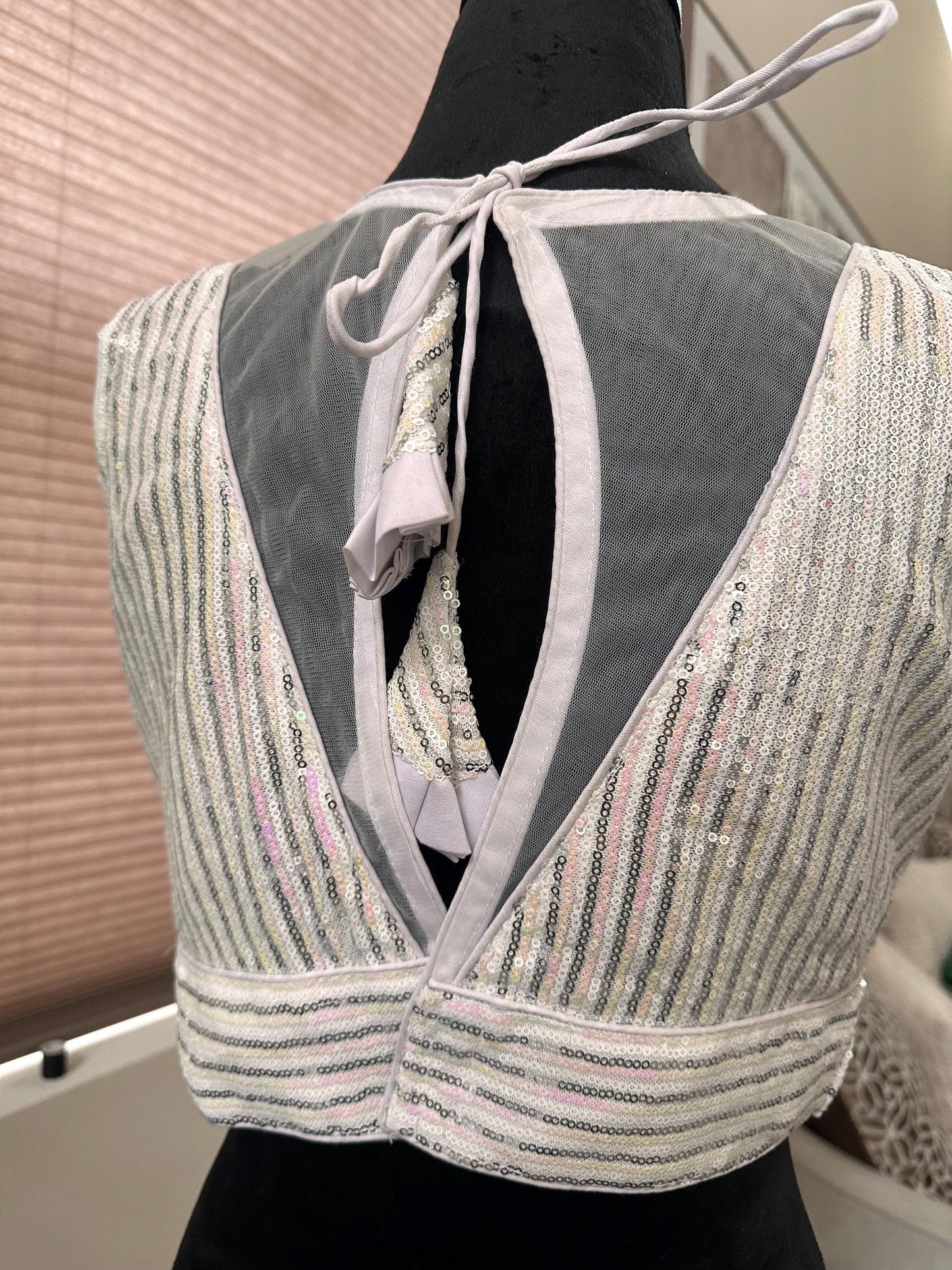 size 38 Sequin Party Wear Readymade Blouse comes with attachable sleeves