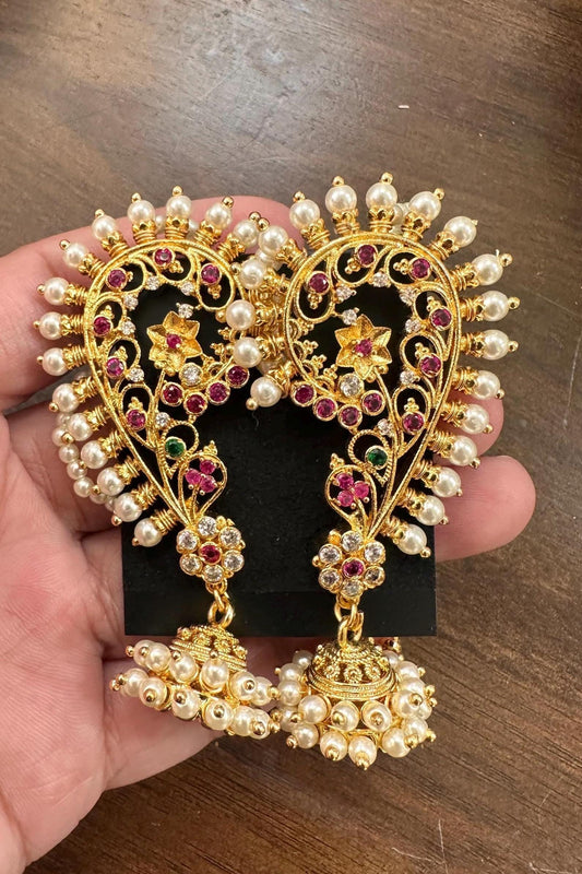 Gold and pearls ear cuff jhumka earrings with american diamonds and pearl Ear chain gold polished, kaan chain earrings trendy light weight