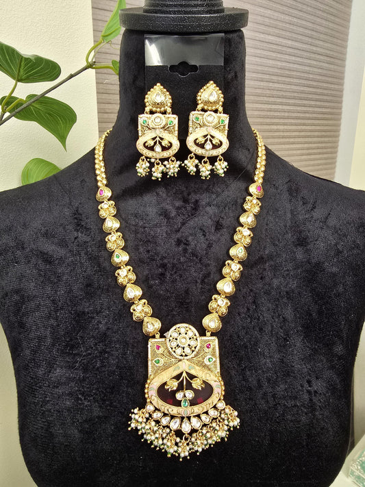 Rajwadi necklace set long, adjustable gold polished