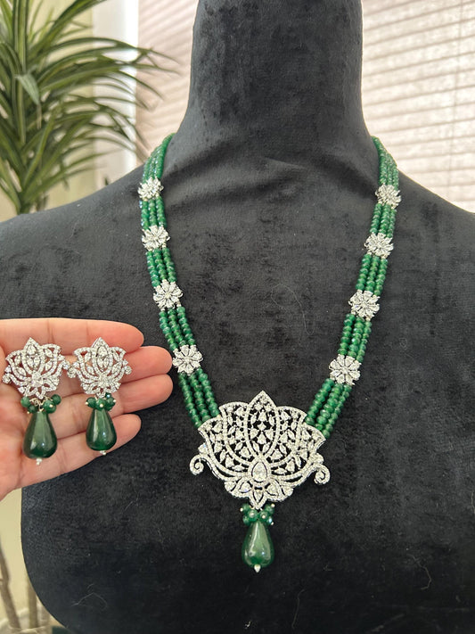 Premium long layered necklace set with emerald beads and American diamonds, adjustable silver polished lotus design