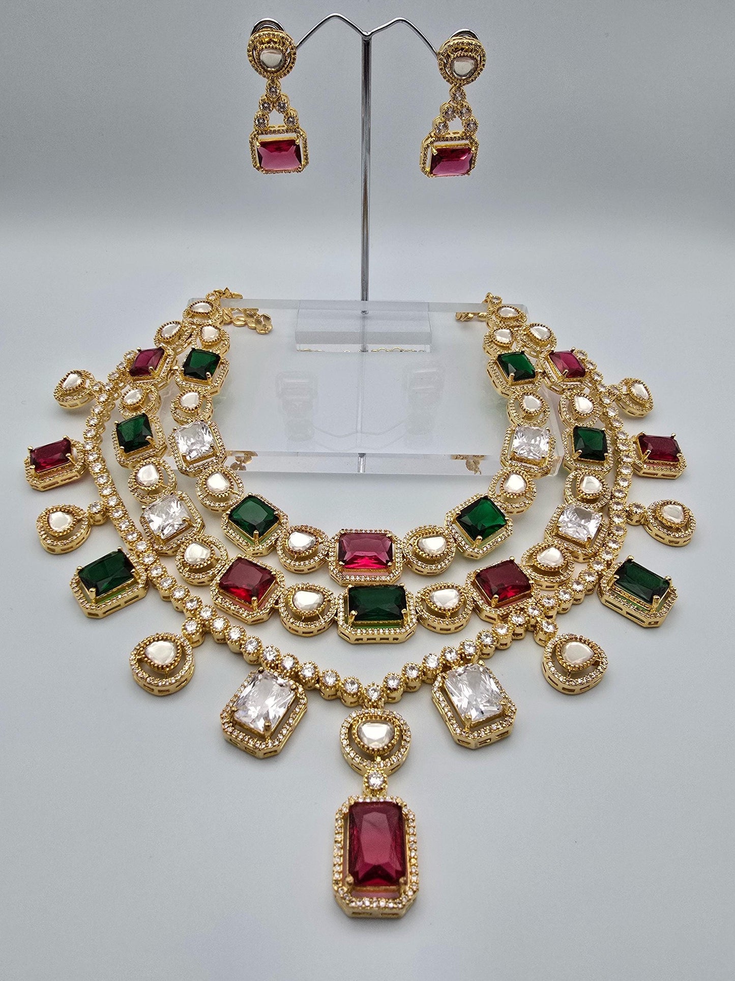 Premium necklace set layered American diamonds, adjustable gold polished Bollywood style