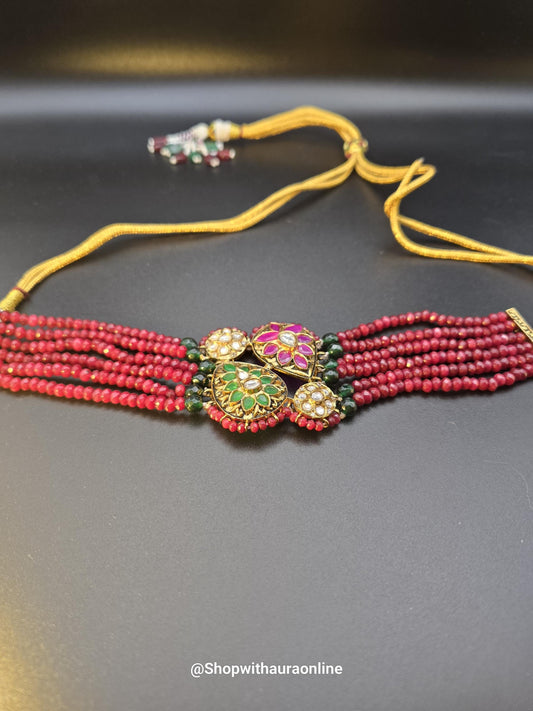 Kareena Kapoor inspired sabya inspired design red choker necklace set with jadau and polki gold polished